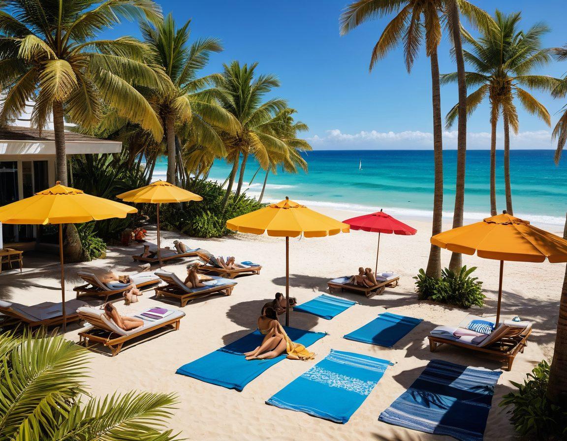 A lively scene depicting a sun-soaked poolside with stylish swimwear, transitioning into a picturesque beachfront with bright umbrellas and beach activities. Include a variety of swimwear styles, from bikinis to board shorts, displayed creatively on vibrant beach towels. Add elements like palm trees, refreshing drinks, and people enjoying the sun to convey a fun, leisurely vibe. super-realistic. vibrant colors. sunny day.