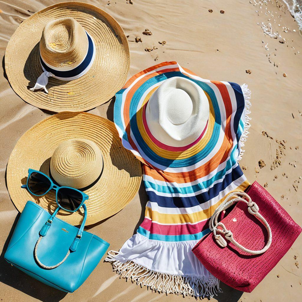 A stylish summer outfit display featuring colorful beachwear essentials like swimsuits, cover-ups, and accessories laid out on a sandy beach. Add a sun hat, sunglasses, and a beach bag for a chic vibe. Capture the bright summer sun illuminating vibrant colors and the sparkling ocean in the background. Ensure a lively and inviting atmosphere, perfect for beachgoers. super-realistic. vibrant colors. natural sunlight.